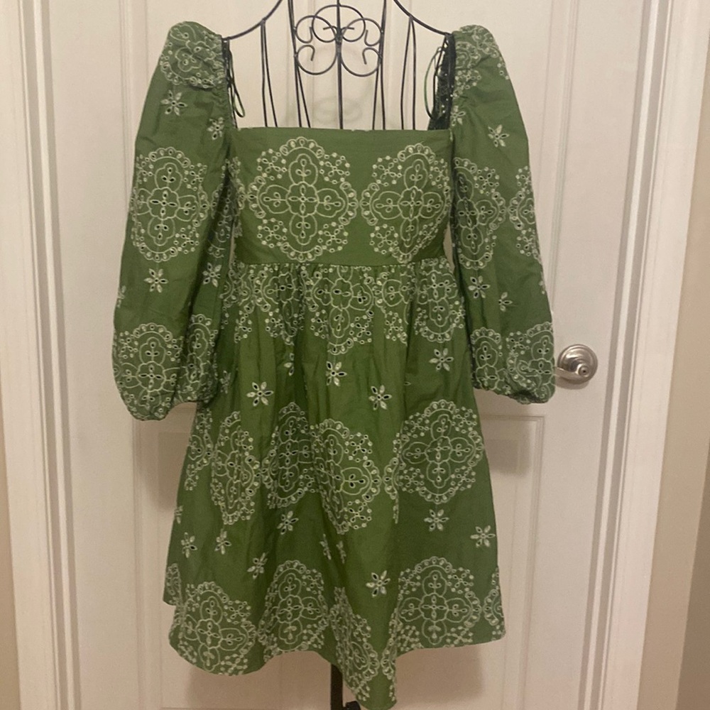 New Zara Green Embroidered Eyelet Babydoll Dress small